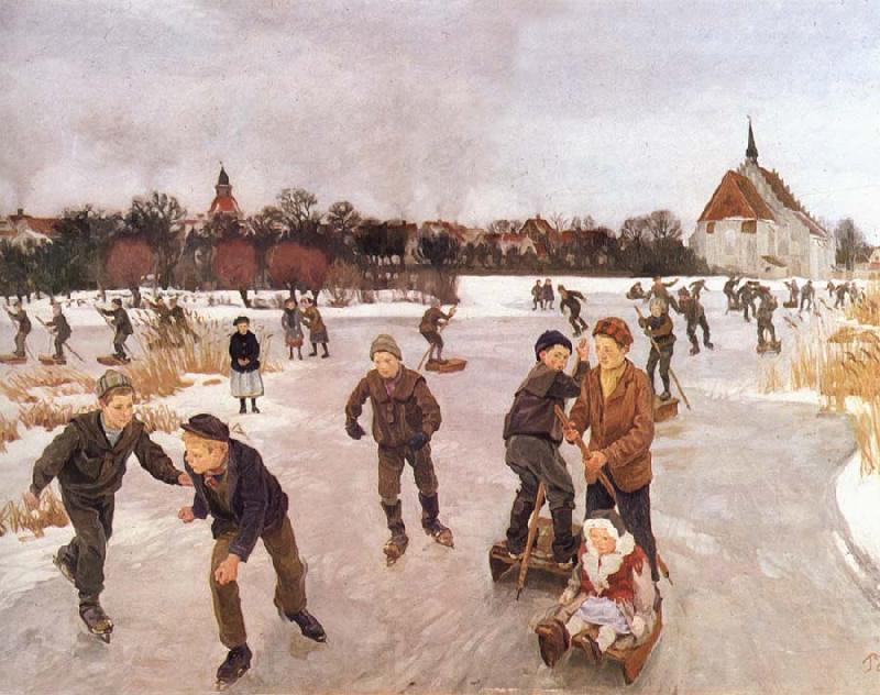 Ole Peter Hansen Balling Pa ice out the village. Faborg Norge oil painting art